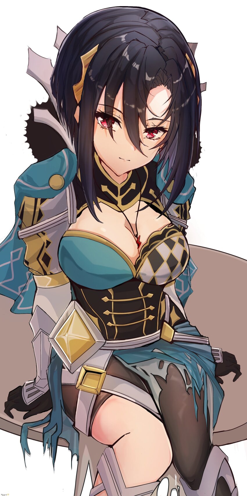 1girl, absurdres, armor, asymmetrical_bangs, asymmetrical_clothes, black_gloves, black_hair, breasts, cleavage, cleavage_cutout, closed_mouth, clothing_cutout, fire_emblem, fire_emblem_engage, gloves, hair_between_eyes, hair_ornament, highres, jewelry, knees_together_feet_apart, lightning_bolt_necklace, lightning_bolt_symbol, long_sleeves, looking_at_viewer, medium_breasts, necklace, nel_(fire_emblem), nintendo, novembertimex, on_table, red_eyes, short_hair, sitting, solo, table, torn_clothes, white_background