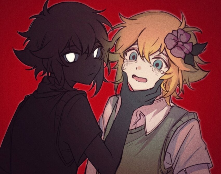 2boys, basil_(faraway)_(omori), basil_(omori), black_hair, black_skin, blonde_hair, blue_eyes, collared_shirt