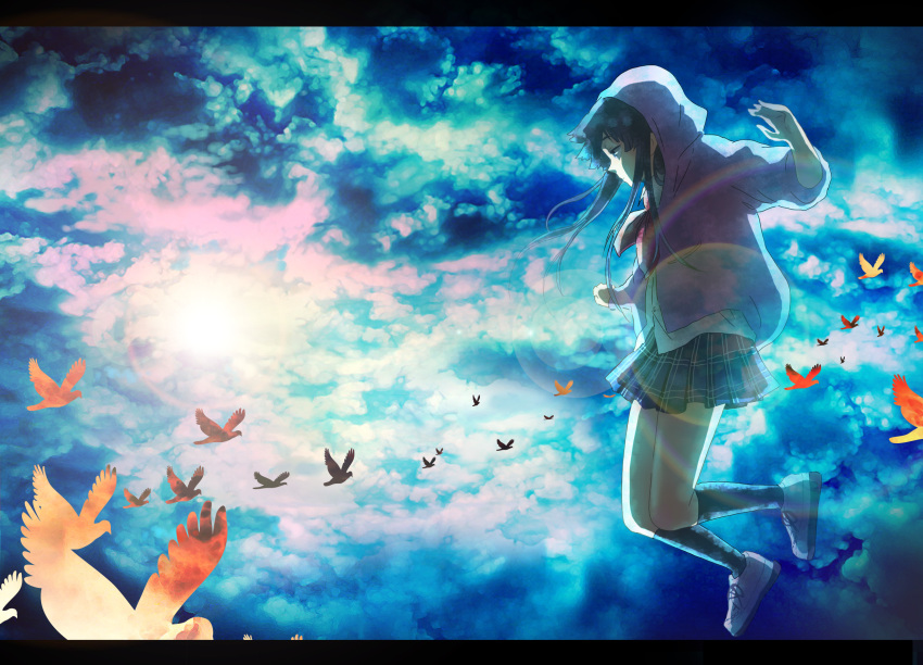 1girl, akiyama_mio, bad_id, bad_pixiv_id, bird, black_hair, blue_eyes, cloud