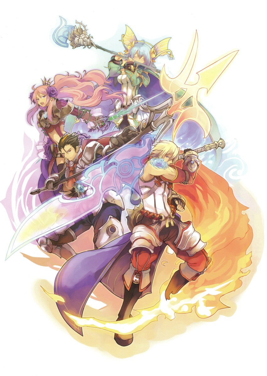 2boys, 2girls, absurdres, armor, ashley_(luminous_arc), blue_hair, boots, crown