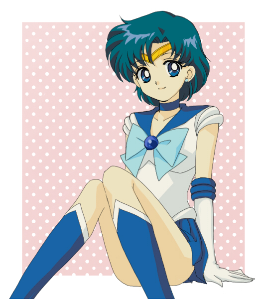 1990s_(style), 1girl, bishoujo_senshi_sailor_moon, blue_boots, blue_eyes, blue_hair, blue_sailor_collar, blue_skirt, boots, female_focus, hamutarou, knee_boots, magical_girl, matching_hair/eyes, mizuno_ami, pink_background, polka_dot, polka_dot_background, retro_artstyle, sailor_collar, sailor_mercury, sailor_senshi, short_hair, skirt, solo, tiara
