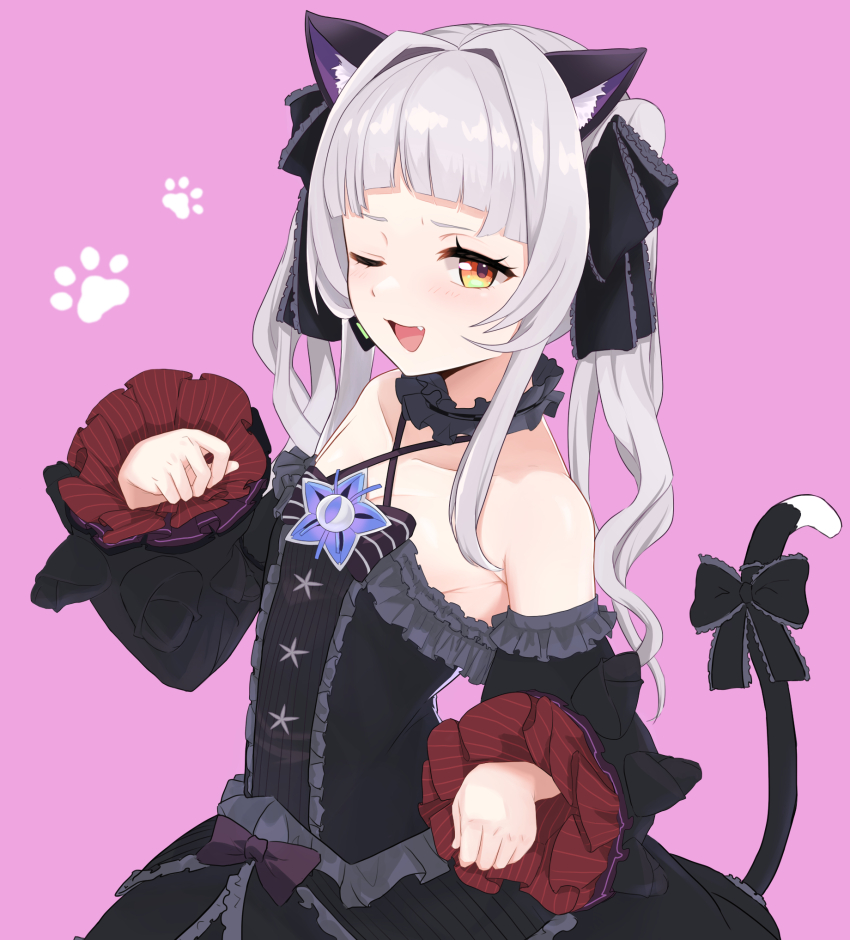 1girl, ;d, animal_ears, black_dress, black_sleeves, blunt_bangs, bow, brooch