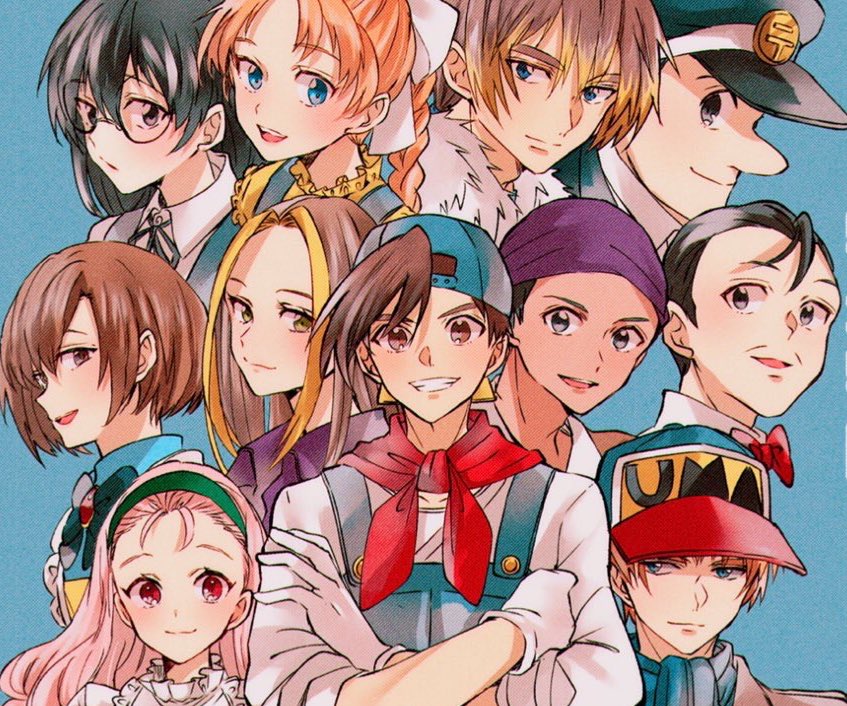 black_eyes, black_hair, blonde_hair, blue_background, blue_eyes, blue_headwear, bokujou_monogatari, braid