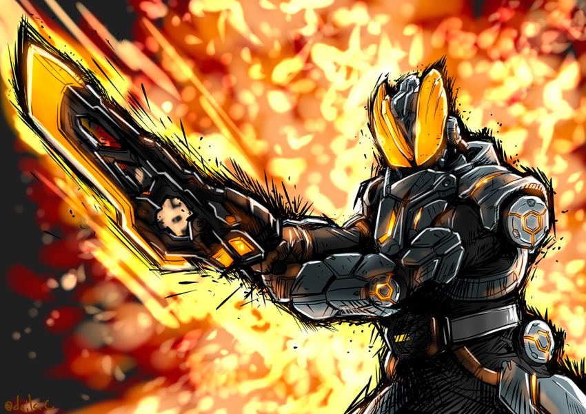 1boy, armor, armored_boots, black_armor, bodysuit, boots, buster_sword, explosion