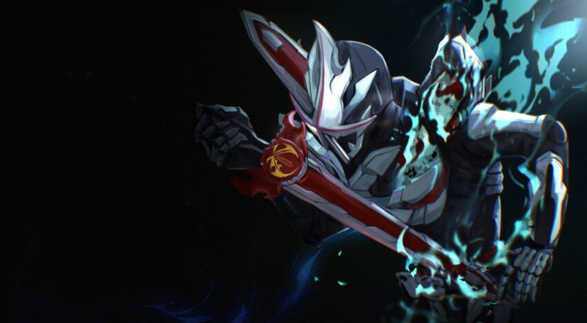 1boy, aqua_eyes, armor, asymmetrical_armor, aura, black_armor, black_background, black_fur