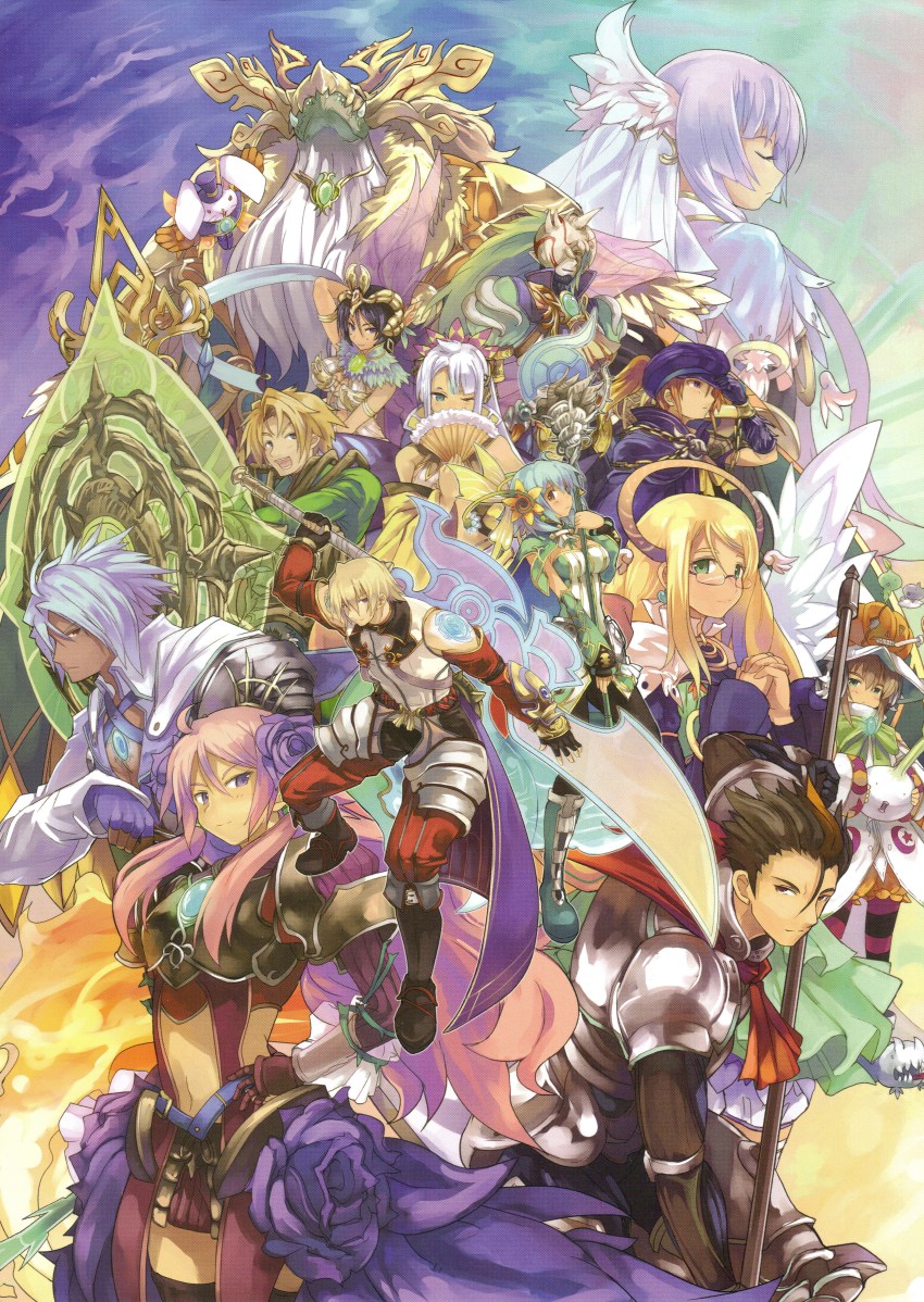 5boys, 6+girls, absurdres, annotation_request, ashley_(luminous_arc), blue_hair, bona, rabbit, dhino, eruru_(luminous_arc), everyone, hand_fan, flower, glasses, glen, haine_(luminous_arc), hair_flower, hair_ornament, halo, hat, highres, huge_filesize, inaruna, luminous_arc, luminous_arc_3, lyla-shisho, miria_(luminous_arc), multiple_boys, multiple_girls, one_eye_closed, oru, pink_hair, pumpkin, refi, rin_(luminous_arc), sara_(luminous_arc), shibano_kaito, shion_(luminous_arc), sword, weapon, white_hair, wings, wink, witch, yuu_(luminous_arc)