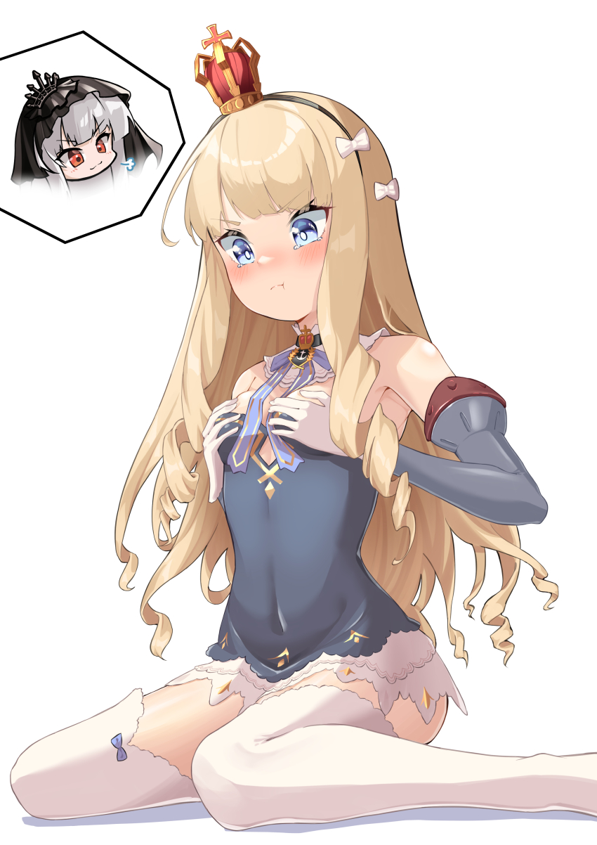 2girls, absurdres, azur_lane, bare_shoulders, black_hairband, black_veil, blonde_hair, blue_eyes, blush, bow, breast_envy, breasts, bridal_veil, crown, detached_sleeves, dress, dual_persona, gloves, grey_dress, grey_hair, hairband, highres, latex, latex_dress, long_hair, marimo_daifuku, medium_breasts, mini_crown, multiple_girls, purple_eyes, queen_elizabeth_(azur_lane), queen_elizabeth_(meta)_(azur_lane), red_eyes, simple_background, sitting, small_breasts, striped_clothes, striped_hairband, thighhighs, veil, very_long_hair, wariza, white_background, white_bow, white_gloves, white_thighhighs