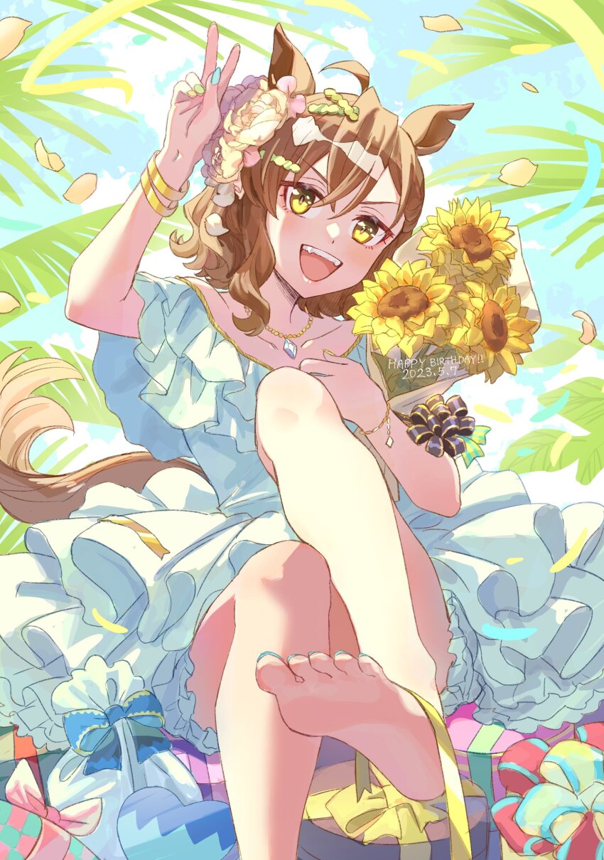 1girl, absurdres, ahoge, animal_ears, arm_up, barefoot, bouquet, box