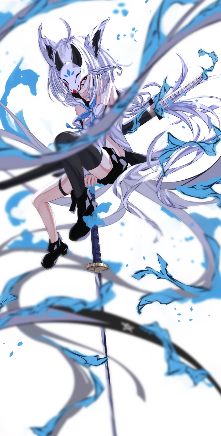 1girl, absurdres, ahoge, animal_ear_fluff, animal_ears, black_footwear, black_shorts, black_thighhighs, blue_neckerchief, blurry, blurry_background, blurry_foreground, braid, closed_mouth, detached_sleeves, facing_viewer, fox_ears, fox_girl, fox_mask, fox_tail, full_body, hair_between_eyes, highres, holding, holding_sword, holding_weapon, hololive, hood, hoodie, katana, long_hair, mask, neckerchief, pentagram, sheath, sheathed, shirakami_fubuki, shirakami_fubuki_(1st_costume), short_shorts, shorts, side_braid, sidelocks, simple_background, single_braid, single_thighhigh, smile, solo, sword, sword_on_back, tail, tatsunami1379, thigh_strap, thighhighs, very_long_hair, virtual_youtuber, weapon, weapon_on_back, white_background, white_hair, white_hoodie