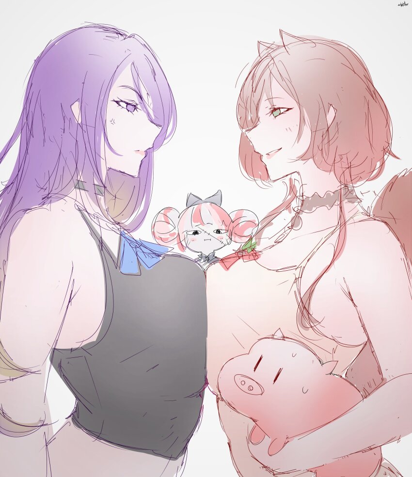 3girls, absurdres, animal, animal_ears, area_15, ayunda_risu, ayunda_risu_(1st_costume), black_choker, blue_ribbon, blush, breast_envy, breast_press, breasts, brown_hair, choker, double_bun, echo_(echo0delta), fur_choker, gradient_hair, green_eyes, hair_bun, highres, holding, holding_animal, hololive, hololive_indonesia, kureiji_ollie, large_breasts, long_hair, moona_hoshinova, moona_hoshinova_(1st_costume), multicolored_hair, multiple_girls, patchwork_skin, pig, purple_eyes, purple_hair, ribbon, short_hair, sleeveless, squirrel_ears, squirrel_girl, squirrel_tail, stitched_face, stitches, symmetrical_docking, tail, virtual_youtuber, zombie