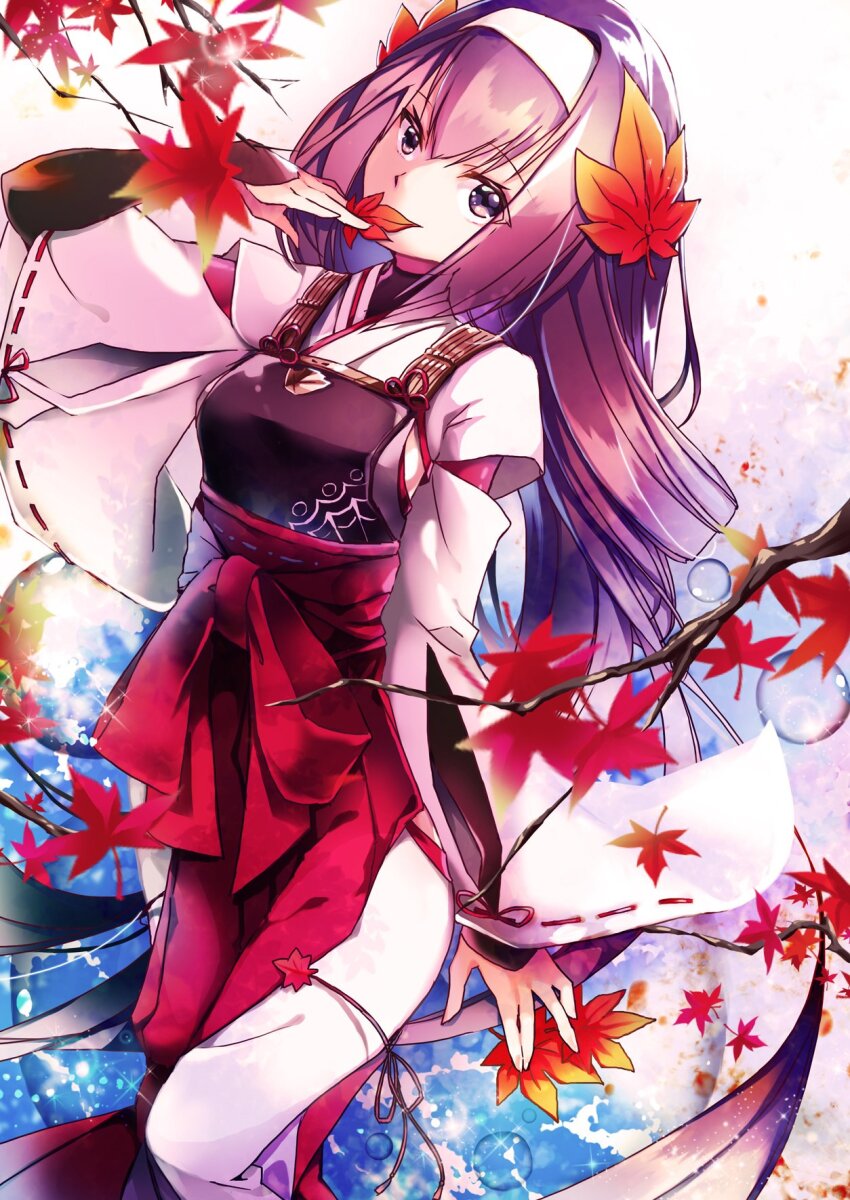 07touka25, 1girl, arm_warmers, armor, black_hair, branch, bubble, chest_armor