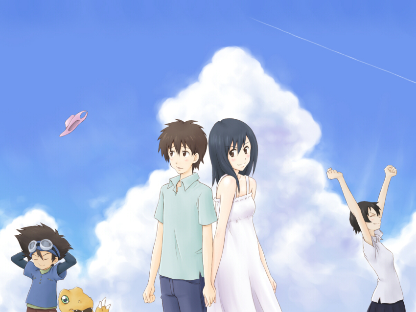 agumon, cloud, digimon, digimon_(creature), goggles, goggles_on_head, hat, koiso_kenji