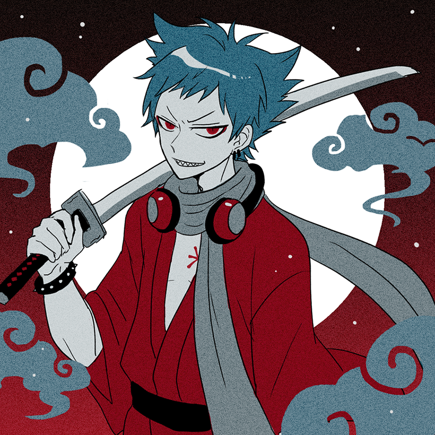 1boy, bemani, birthmark, blue_hair, bracelet, cloud, earrings, full_moon