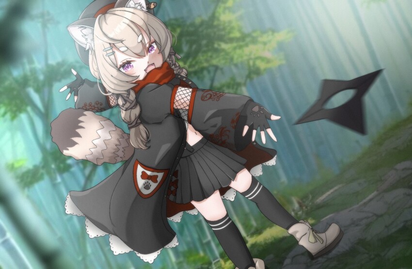 1girl, alternate_color, animal_ear_fluff, animal_ears, bamboo, belly, brown_hair, commission