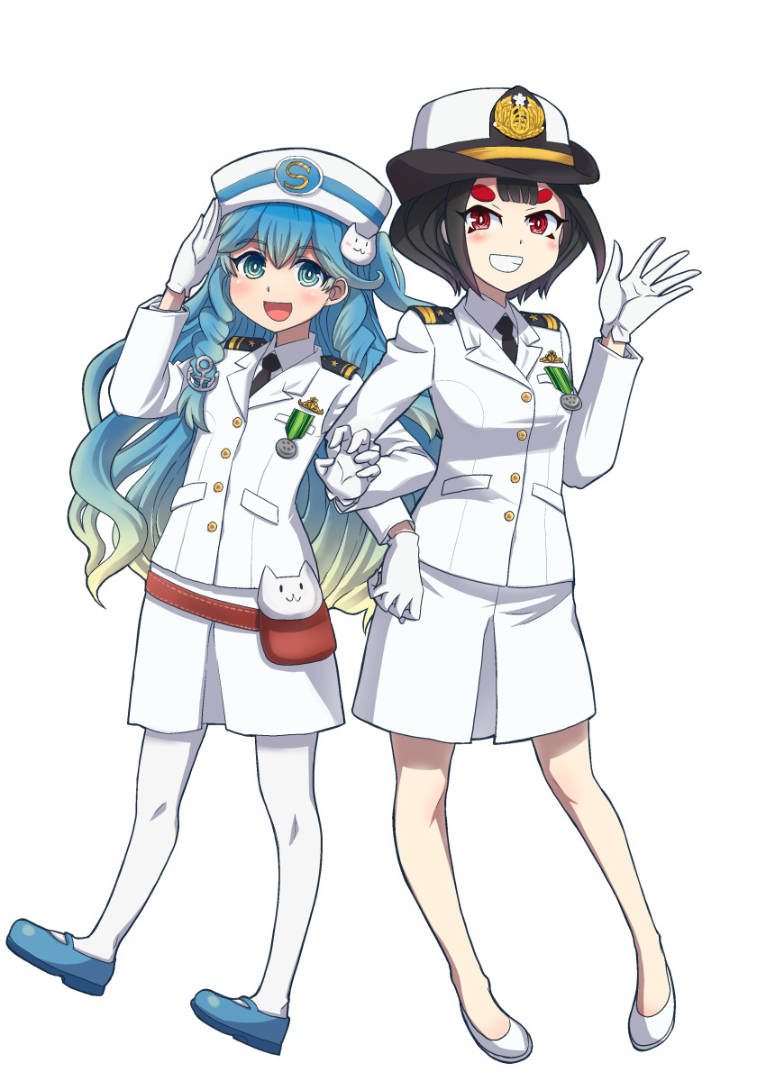 2girls, absurdres, anchor_hair_ornament, black_hair, blue_eyes, blue_footwear, blue_hair, blush