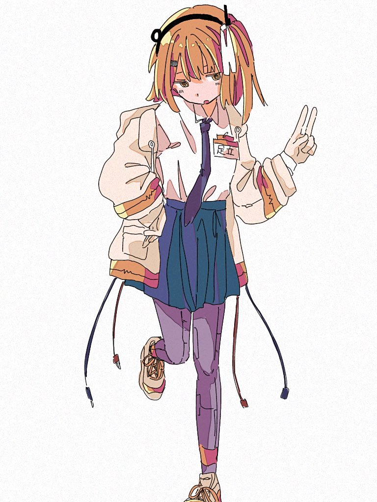 1girl, a.i._voice, adachi_rei, alternate_costume, black_hairband, black_leggings, black_necktie, blue_skirt