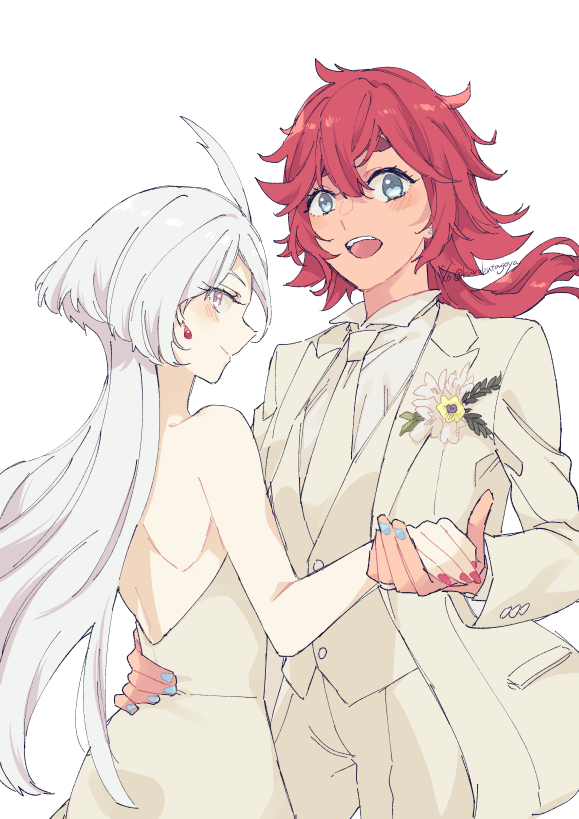 2girls, blue_nails, blush, bride, dancing, dark-skinned_female, dark_skin, dress, earrings, female_focus, formal_clothes, groom, gundam, gundam_suisei_no_majo, holding_hands, jewelry, kurosuke_(yekyy), long_hair, miorine_rembran, multiple_girls, nail_polish, necktie, red_hair, red_nails, strapless, strapless_dress, suit, suletta_mercury, tuxedo, wedding_dress, white_hair, white_necktie, white_suit, wife_and_wife, yuri