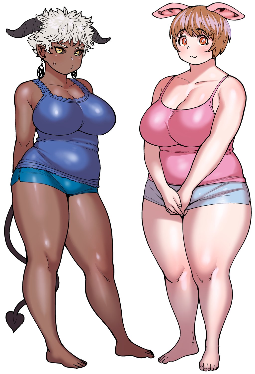 2girls, animal_ears, arms_behind_back, bare_shoulders, barefoot, black_sclera, blush, breasts