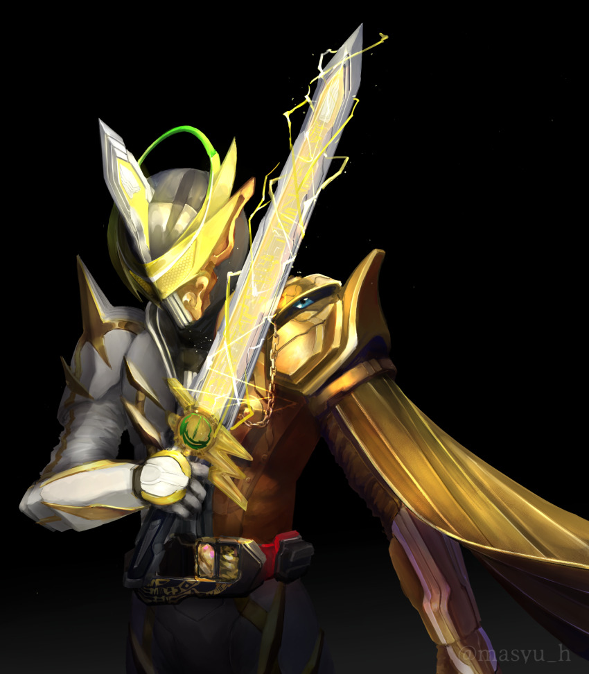 1boy, armor, asymmetrical_armor, belt, belt_buckle, black_background, black_bodysuit, bodysuit, box1127, buckle, cape, clawed_gauntlets, cloak, commentary_request, electricity, fake_horns, fantasy, full_armor, gauntlets, glowing, glowing_sword, glowing_weapon, gold_armor, gold_cloth, greaves, halo, helmet, highres, holding, holding_sword, holding_weapon, horned_helmet, horns, kamen_rider, kamen_rider_espada, kamen_rider_saber_(series), lamp, lightning, pauldrons, pawoo_username, raimeiken_ikazuchi, sabaton, shoulder_armor, shoulder_spikes, single_horn, solo, spiked_armor, spiked_helmet, spiked_legwear, spikes, standing, sword, tokusatsu, vambraces, visor_(armor), weapon, white_armor, white_bodysuit
