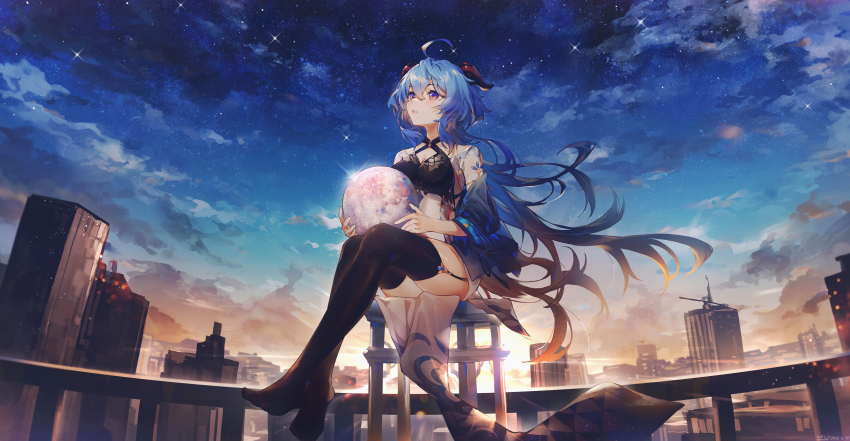 1girl, absurdres, alternate_costume, black_dress, black_thighhighs, blue_hair, blue_sky, building, chair, cloud, commentary, criss-cross_halter, crossed_ankles, dawn, dress, full_body, full_moon, ganyu_(genshin_impact), garter_straps, genshin_impact, goat_horns, gradient_sky, halterneck, highres, holding_moon, holding_orb, horns, long_hair, long_sleeves, moon, night, no_shoes, orange_sky, outdoors, parted_lips, purple_eyes, sitting, sky, solo, sparkle, star_(sky), starry_sky, sunrise, swkl:d, untranslatable_commentary, thighhighs, two-tone_dress, very_long_hair, white_dress
