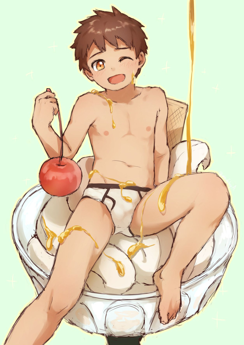 1boy, armpit_crease, blush, briefs, brown_hair, bulge, cherry, covered_in_food, food, fruit, highres, ice_cream, male_focus, male_underwear, one_eye_closed, orange_eyes, pectorals, shota, solo, syrup, topless_male, underwear, wink