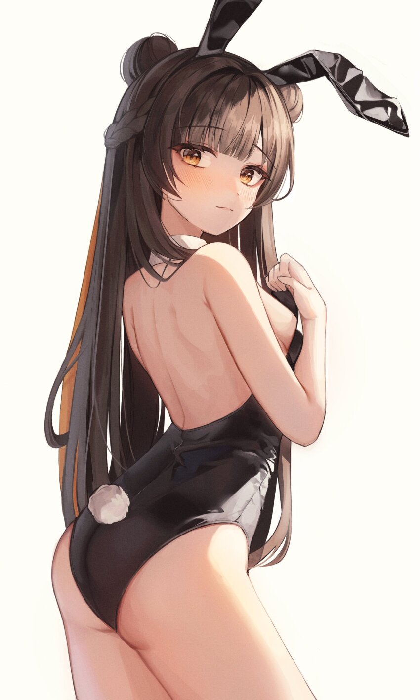 1girl, absurdres, alternate_costume, animal_ears, ass, back, backless_leotard, bare_back, bare_shoulders, black_hair, black_leotard, black_survival, braid, breasts, closed_mouth, detached_collar, double_bun, embarrassed, eternal_return:_black_survival, eyeshadow, fake_animal_ears, fake_tail, from_behind, gyogyog, hair_bun, hand_up, highleg, highleg_leotard, highres, leotard, li_dailin, long_hair, looking_at_viewer, looking_back, makeup, median_furrow, playboy_bunny, rabbit_ears, rabbit_tail, simple_background, small_breasts, solo, strapless, strapless_leotard, tail, thighs, very_long_hair, white_background, yellow_eyes