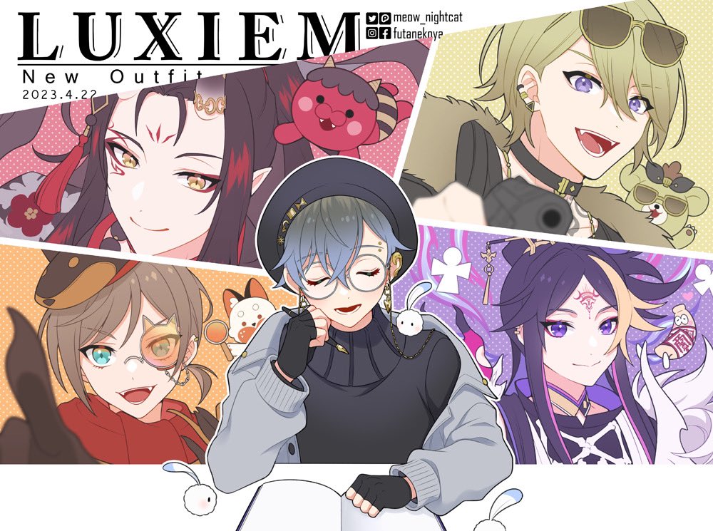 5boys, aiming, aiming_at_viewer, animal_hat, artist_name, beret, black_choker, black_gloves