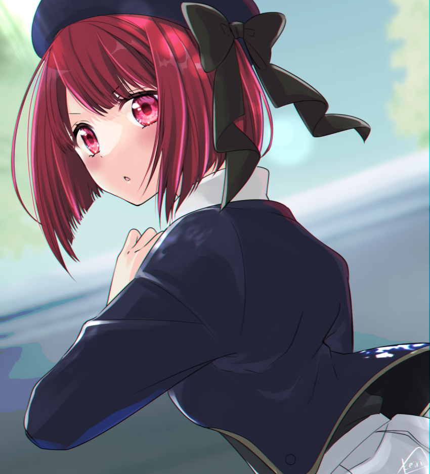1girl, :o, arima_kana, beret, black_bow, black_ribbon, black_vest, blue_hat