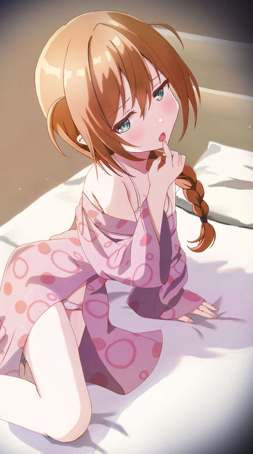 1girl, :o, absurdres, arm_support, baba_konomi, bed, bed_sheet, blush