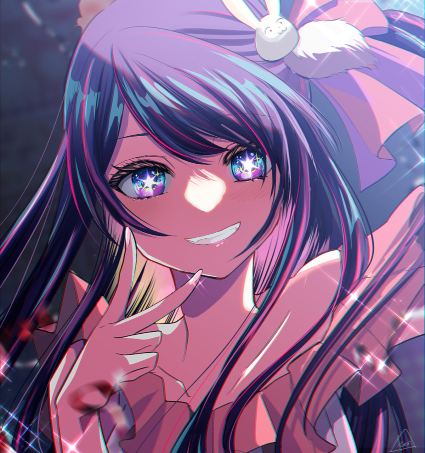 1girl, blue_eyes, blush, chromatic_aberration, collarbone, commentary_request, dress, frilled_dress