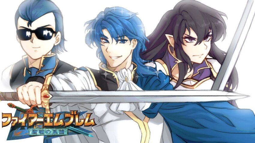 >:(, 1girl, 2boys, armor, ayra_(fire_emblem), black_hair, blue_cape, blue_hair