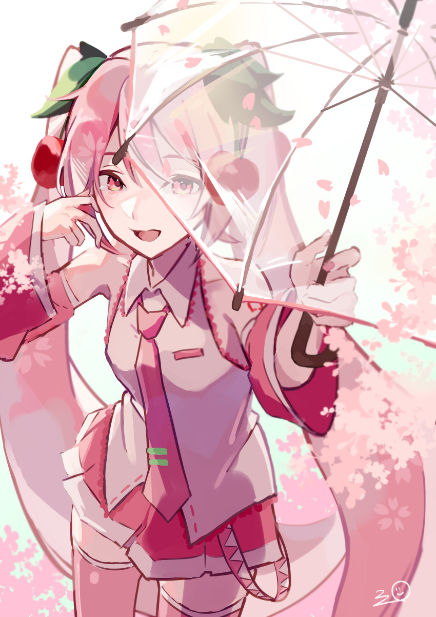 1girl, absurdres, bare_shoulders, cherry_blossoms, cherry_hair_ornament, collarbone, commentary, contrapposto