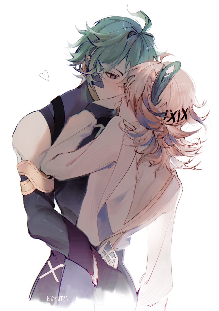 2boys, ahoge, alhaitham_(genshin_impact), alternate_eye_color, alternate_hair_color, aqua_hair, black_gloves, black_shirt