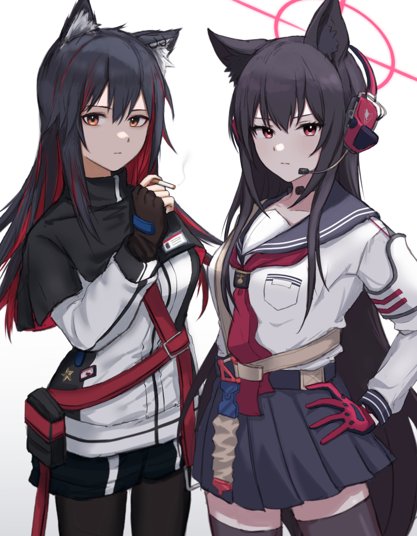 2girls, absurdres, animal_ear_fluff, animal_ears, arknights, belt, black_gloves, black_hair, black_pantyhose, black_skirt, black_thighhighs, blue_archive, breast_pocket, cigarette, collarbone, colored_inner_hair, commentary_request, company_connection, earrings, fingerless_gloves, fox_ears, fox_tail, gloves, hair_between_eyes, halo, hand_on_own_hip, headset, highres, holding, holding_cigarette, id_card, jewelry, long_hair, long_sleeves, look-alike, looking_at_viewer, multicolored_hair, multiple_girls, orange_eyes, pantyhose, pleated_skirt, pocket, red_eyes, red_gloves, school_uniform, serafuku, shoulder_belt, sidelocks, simple_background, skirt, smoke, smoking, suzutaro, tail, texas_(arknights), thighhighs, two-tone_gloves, two-tone_hair, white_background, wolf_ears, wolf_girl, yukino_(blue_archive), zettai_ryouiki