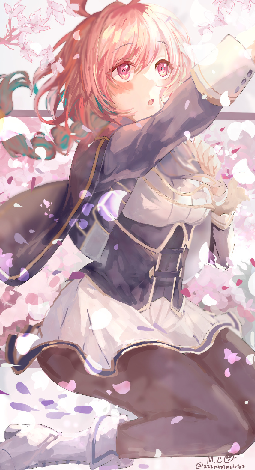 1girl, absurdres, ahoge, black_pantyhose, blue_capelet, blue_shirt, blush, boots