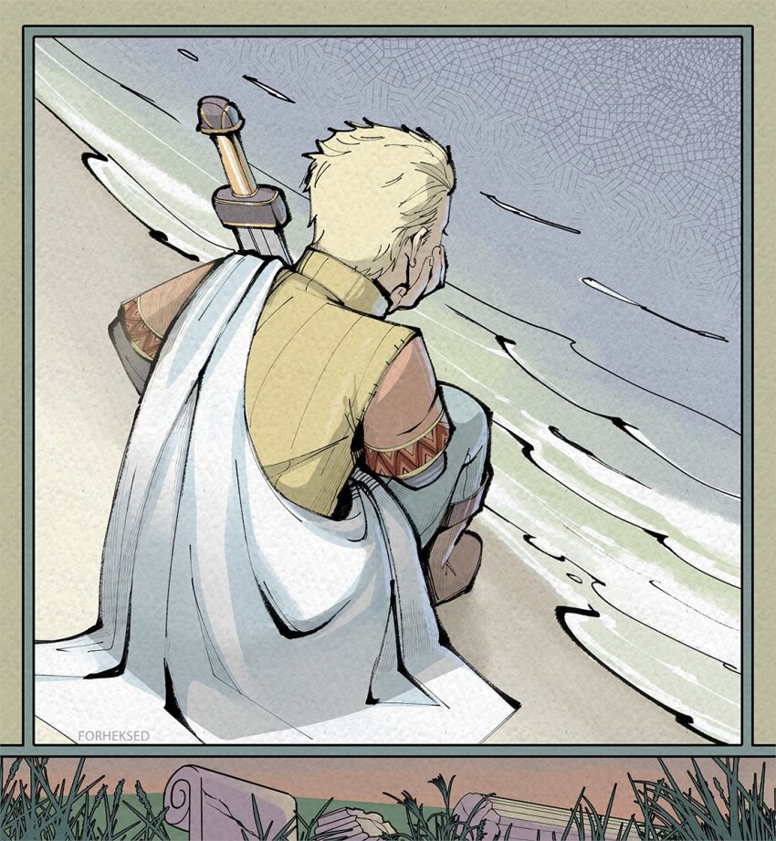 1boy, askeladd, blonde_hair, forheksed, highres, holding, holding_weapon, male_focus