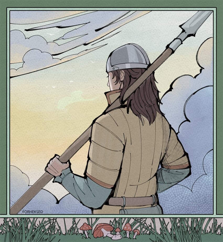 1boy, bjorn_(vinland_saga), brown_hair, carrying, cloud, facial_hair, forheksed, helmet, highres, holding, holding_polearm, holding_weapon, long_hair, male_focus, mushroom, outdoors, polearm, sky, spear, viking, vinland_saga, warrior, weapon