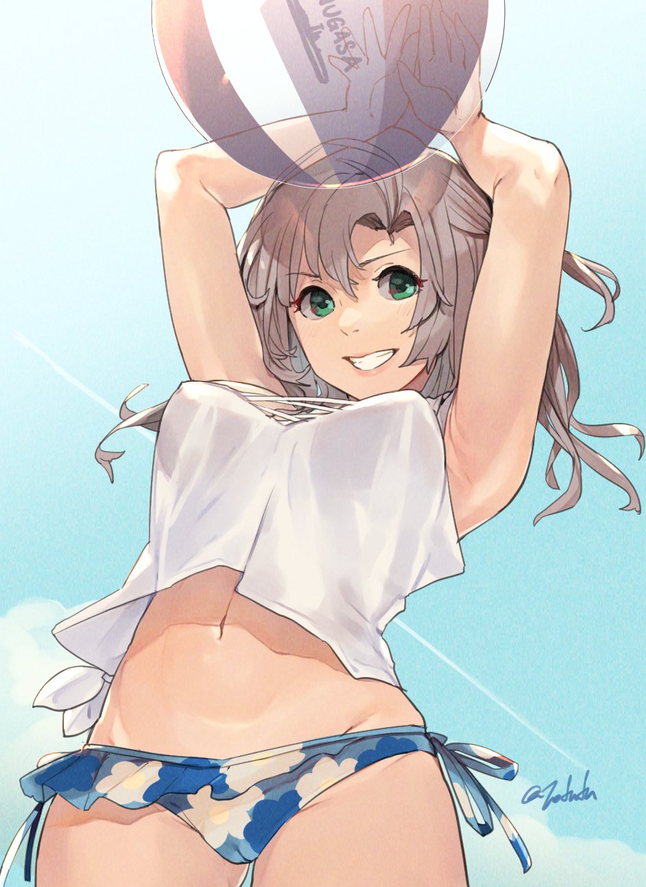 arms_up, ball, beachball, bikini, blue_bikini, blue_sky, cameltoe, cloud, cowboy_shot, floral_print, frilled_bikini, frills, fuwafuwatoufu, green_eyes, grey_hair, grin, groin, highres, kantai_collection, kinugasa_(kancolle), kinugasa_(swimsuit)_(kancolle), lowleg, lowleg_bikini, medium_hair, navel, official_alternate_costume, one-hour_drawing_challenge, one_side_up, shirt, side-tie_bikini_bottom, sky, smile, swimsuit, white_shirt
