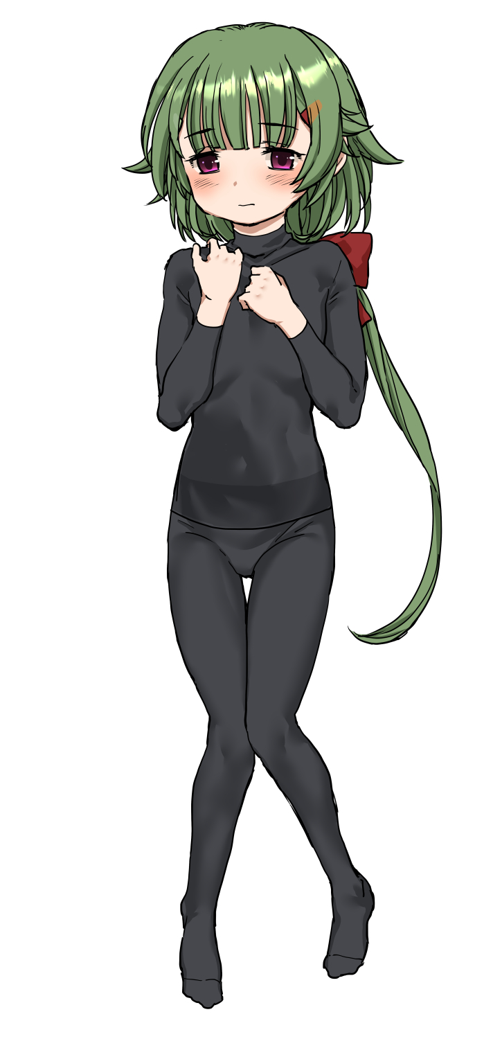 1girl, black_pantyhose, black_shirt, full_body, green_hair, hair_ribbon, harukaze_unipo, highres
