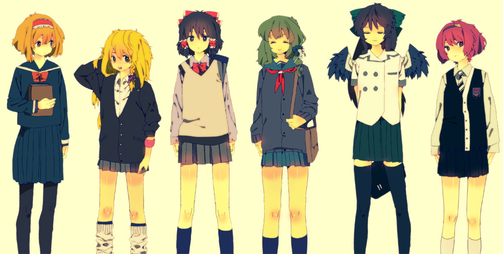 6+girls, alice_margatroid, alternate_costume, bad_id, bad_pixiv_id, bag, black_hair, black_pantyhose