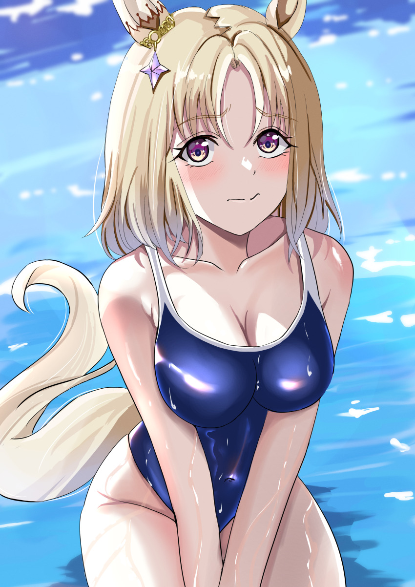 1girl, absurdres, animal_ears, blonde_hair, blue_one-piece_swimsuit, breasts, cleavage, commentary_request