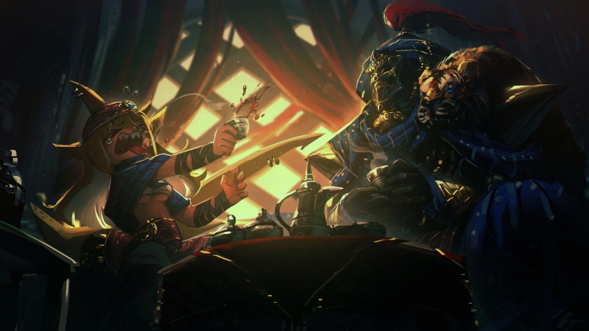 >_<, 1boy, 1girl, absurdres, blonde_hair, borrowed_character, breasts, burnt_tongue