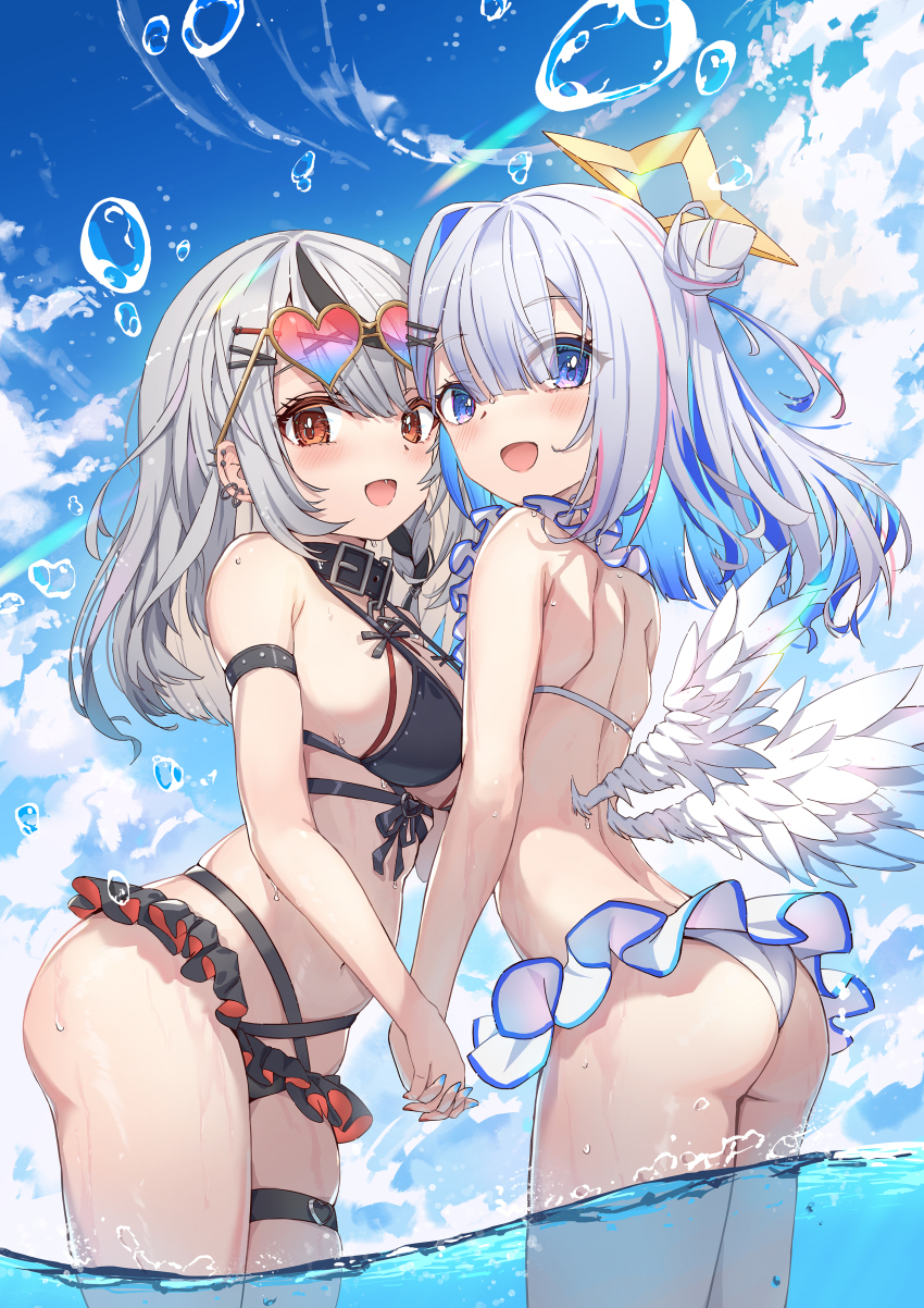 2girls, absurdres, amane_kanata, angel_wings, arm_strap, ass, bare_arms, bare_back