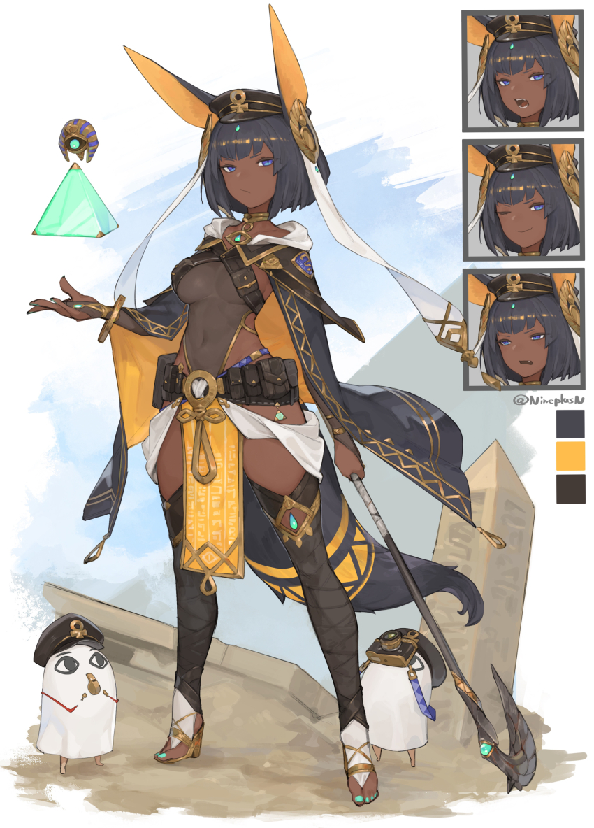 1girl, absurdres, ancient_egyptian, ancient_egyptian_clothes, animal_ears, ankh, annoyed, belt, belt_pouch, black_hair, blue_eyes, bracelet, breasts, bridal_gauntlets, camera, choker, cloak, color_guide, dark-skinned_female, dark_skin, multiple_expressions, frown, full_body, hat, high_heels, highres, holding, holding_staff, jewelry, looking_at_viewer, medium_breasts, n9+, nail_polish, obelisk, one_eye_closed, open_mouth, original, peaked_cap, pelvic_curtain, pouch, short_hair, smile, staff, standing, tail, thighhighs, toeless_footwear, very_dark_skin