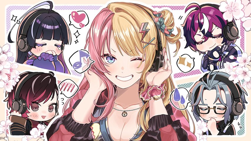 2girls, 3boys, ahoge, black_hair, blonde_hair, blush, breasts, cleavage, closed_eyes, colored_eyelashes, commentary, doppio_dropscythe, gradient_hair, grin, hair_bun, hair_ornament, headphones, heart, hex_haywire, highres, jewelry, kaburagi_(pnoir087), kotoka_torahime, long_hair, medium_breasts, meloco_kyoran, multicolored_hair, multiple_boys, multiple_girls, musical_note, necklace, nijisanji, nijisanji_en, one_eye_closed, parted_bangs, pink_hair, purple_eyes, purple_hair, scrunchie, single_side_bun, smile, split-color_hair, streaked_hair, untranslatable_commentary, ver_vermillion, virtual_youtuber, white_hair, wrist_scrunchie, x_hair_ornament