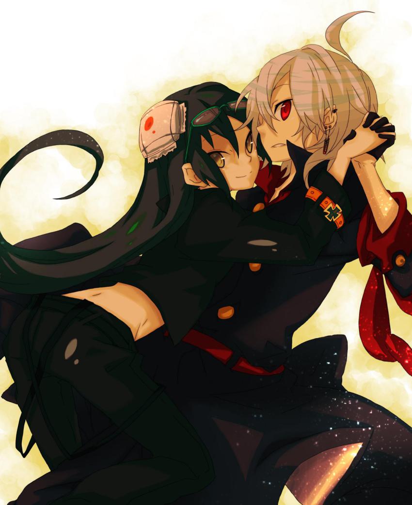 1boy, 1girl, bandages, couple, denim, earrings, eyewear_on_head, glasses