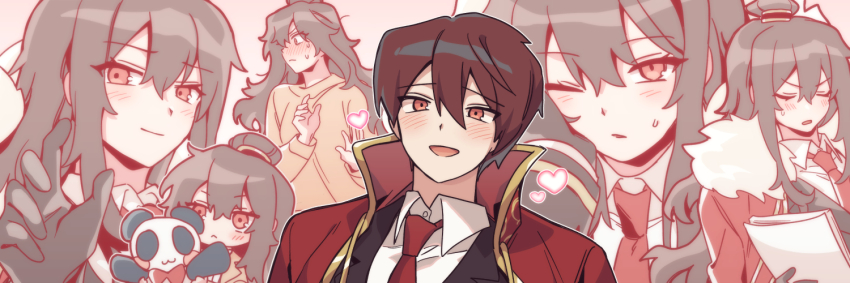 1boy, 1girl, bbunny, black_gloves, blush, brown_hair, cape, closed_eyes