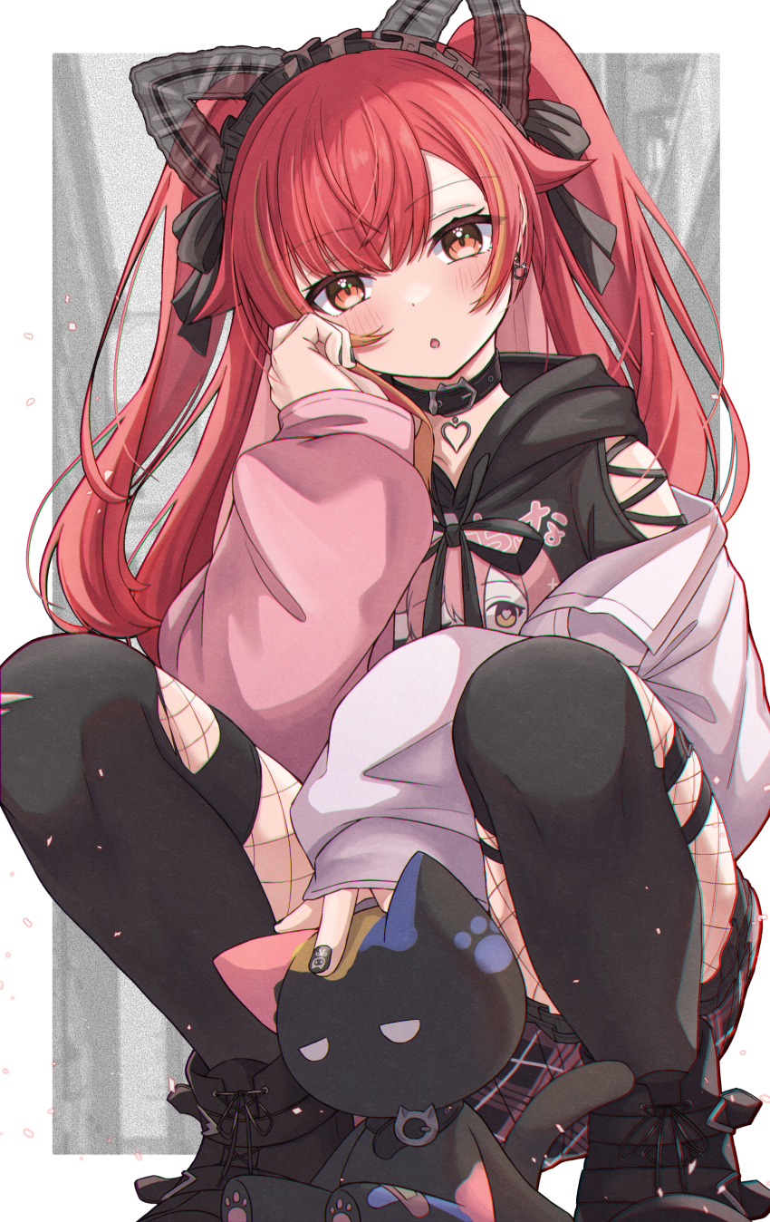 1girl, :o, absurdres, animal_ear_hairband, animal_ears, anku, between_thighs, black_boots