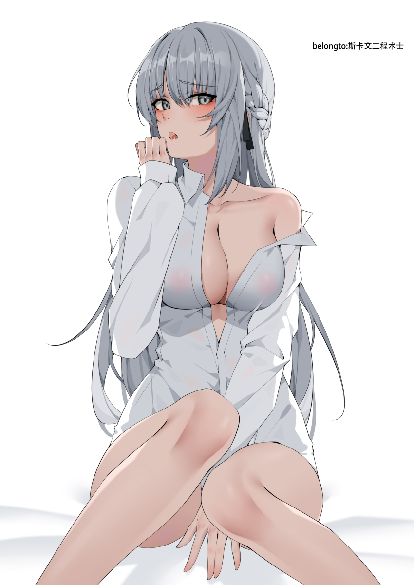 1girl, absurdres, blush, braid, breasts, covered_erect_nipples, grey_eyes, grey_hair
