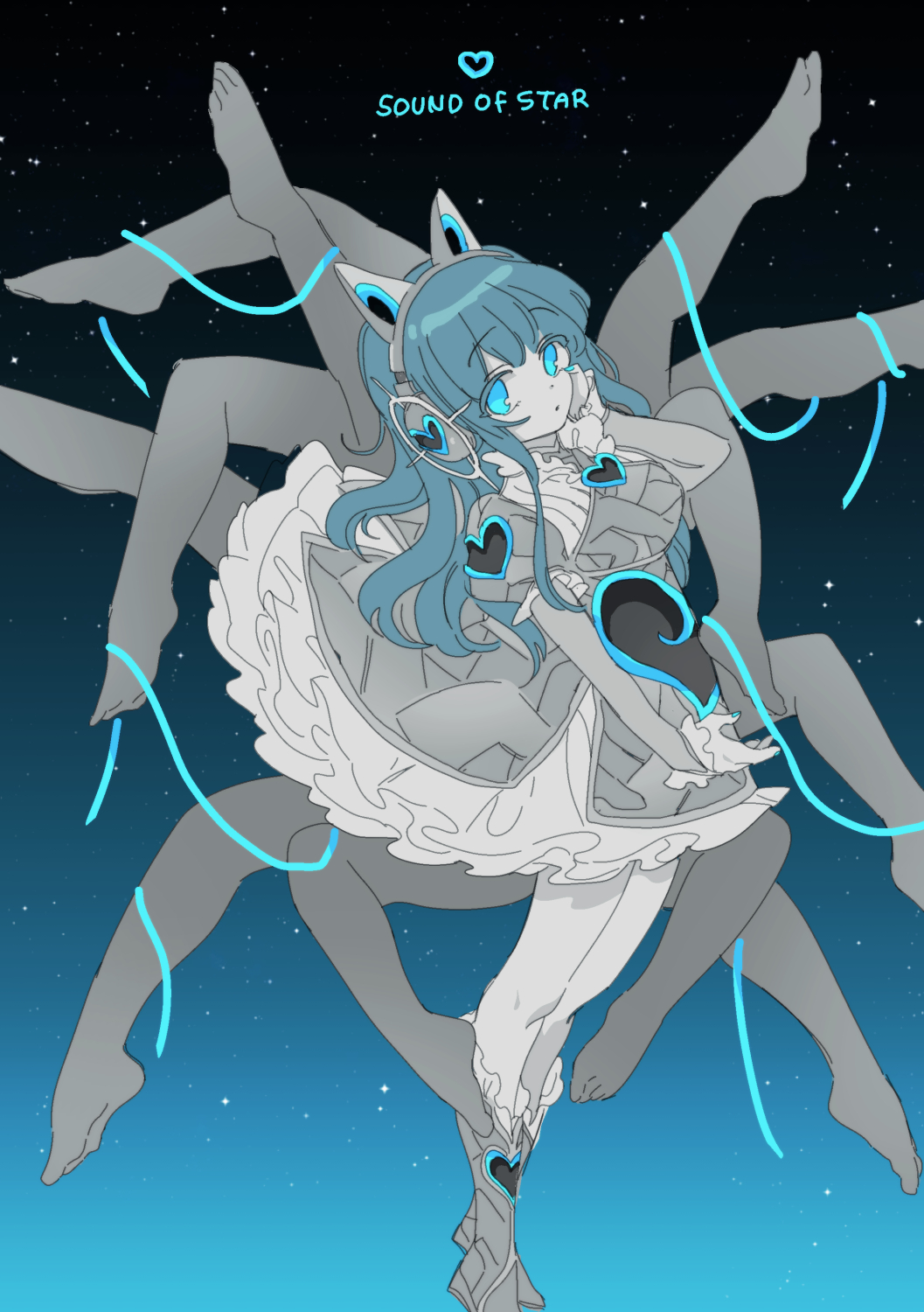 1girl, animal_ear_headphones, animal_ears, bbunny, blue_eyes, blue_hair, blue_nails, blue_star